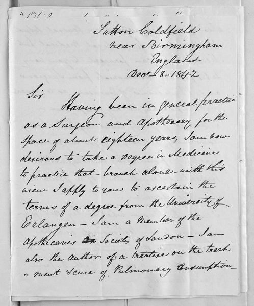 Bodington's letter of application to the University of Erlangen, 1842 (University of Erlangen Archives)